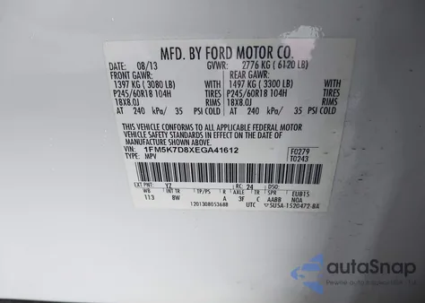 2014 Ford Explorer Xlt из США, поврежденный, VIN 1FM5K7D8XEGA41612